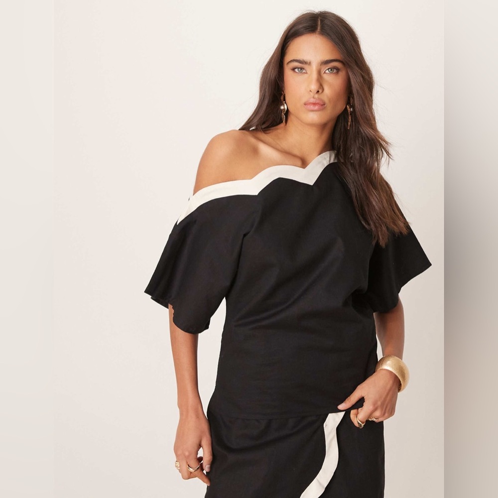 Never Fully Dressed Black Contrast Off Shoulder Asymmetrical Top, Size 14